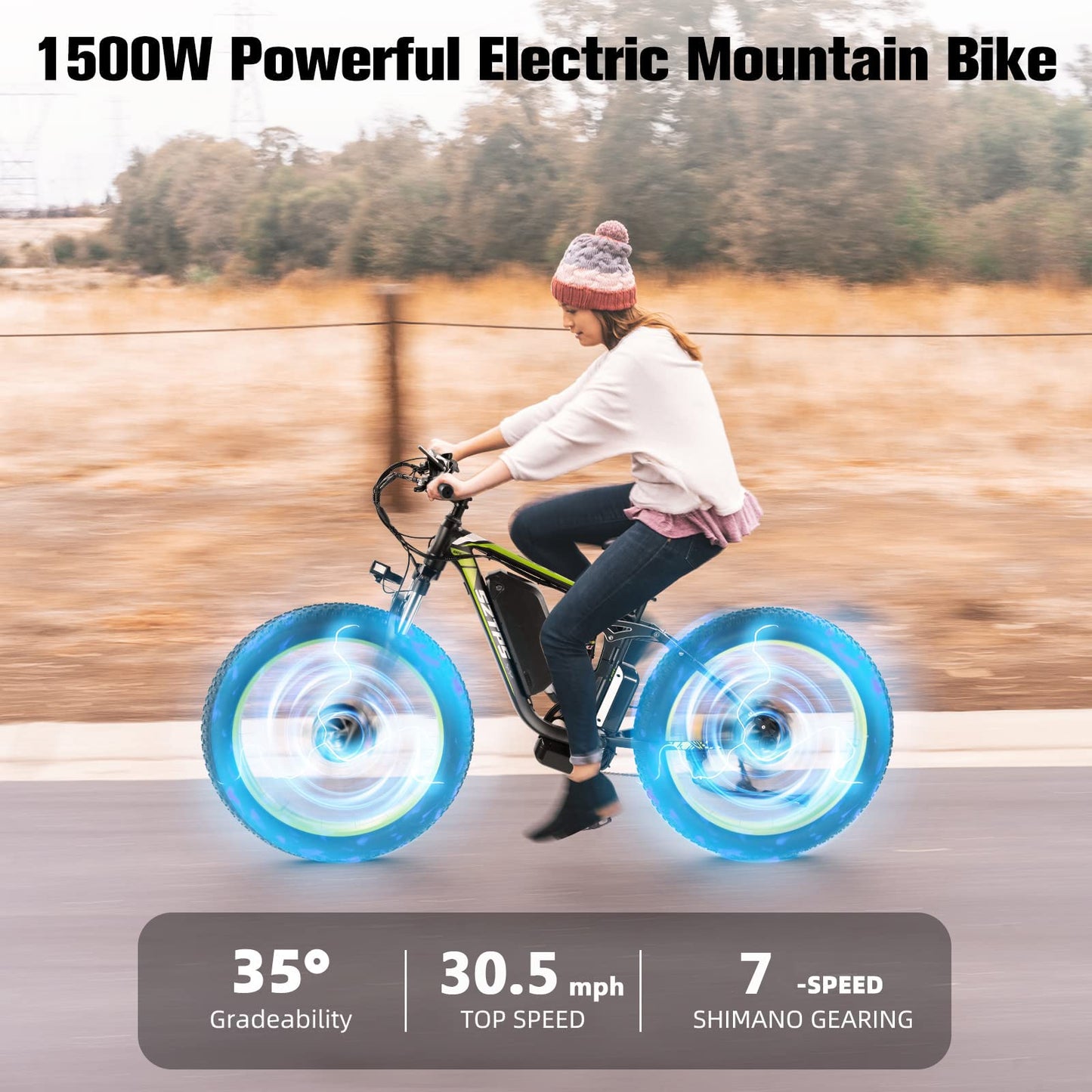 1500W Electric Bike for Adults, 26" Fat Tire Electric Mountain Bicycle, 48V 22.4Ah Removable Li-Ion Battery, Max 30.5Mph E-Bike Snow Beach,Electric Bicycle with 7 Speed Suspension Fork