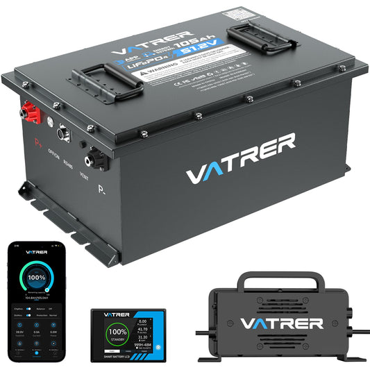 VATRER POWER 48V 105Ah Lithium Golf Cart Battery, Built-in Smart 200A BMS, with Touch Monitor & Mobile APP, 4000+ Cycles Rechargeable LiFePO4 Battery, Max 10.24kW Power Output, Perfect for Golf Carts