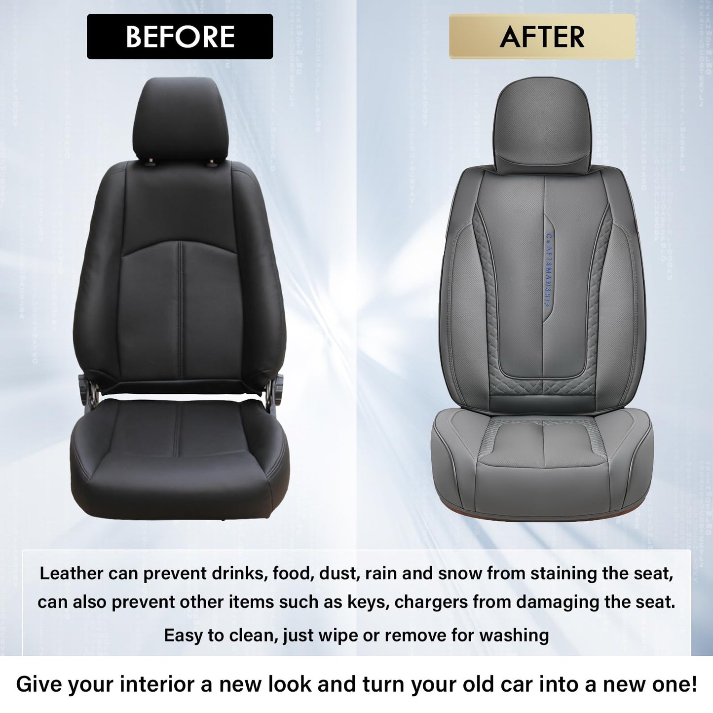 Coverado Car Seat Cover Full Set, Gray Seat Covers Front Seats Back Seat Covers, Nappa Leather Waterproof, Car Seat Cushion, Car Seat Protector Universal Fit Most Cars