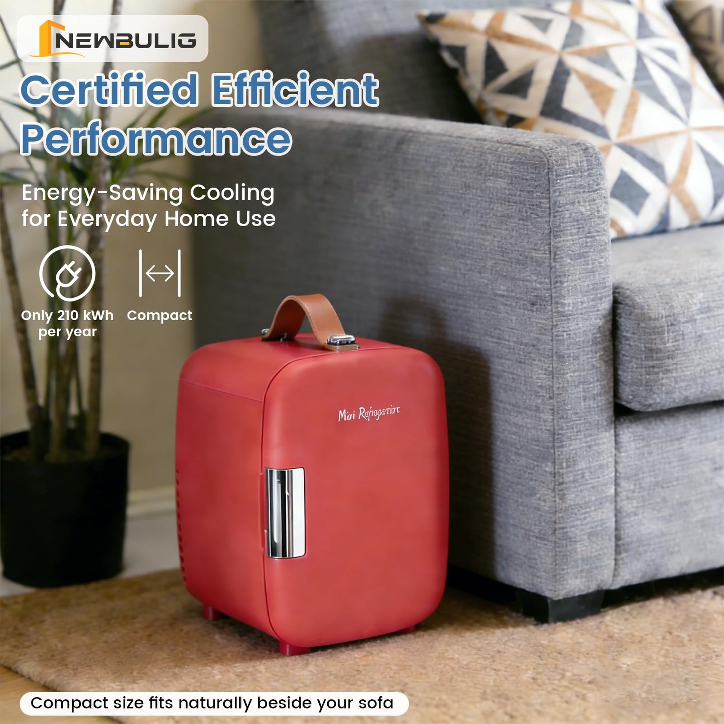 NEWBULIG Mini Fridge for Bedroom, Office & Car, Portable 4L/4.23QT Mini Refrigerator for Skincare with Handle, Ultra-Quiet Energy-Saving Compact Cooler for Drinks, Food, Skincare & Makeup, 12V AC/DC