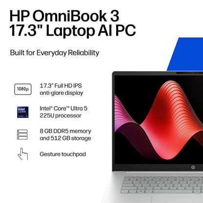 HP OmniBook 3 17.3 inch Laptop PC, FHD Display, Intel Core Ultra 5 225U, 8 GB RAM, 512 GB SSD, Intel Graphics, Windows 11 Home, Glacier Silver, 17-dg0099nr
