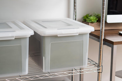 IRIS USA File Box, Plastic File Organizer with Lids for Letter/Legal File, Portable Document Box For Moving, Storage Bin with Durable and Secure Lid, Stackable Nestable BPA-Free, Clear 35 Qt. 4 Pack