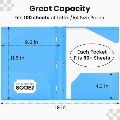 Sooez Plastic Folders with Pockets and Prongs, 6 Pack Pocket Folders with Prongs, Heavy Duty 3 Prong 2-Pocket Folders for Document, Colored File Folder Back to School Supplies for Kids
