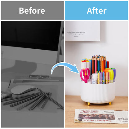 Marbrasse Desk Organizer, 360-Degree Rotating Pen Holder, Desk Organizers and Accessories with 5 Compartments Pencil Holder, Art Supply Storage Box Caddy for Office, Home（White）