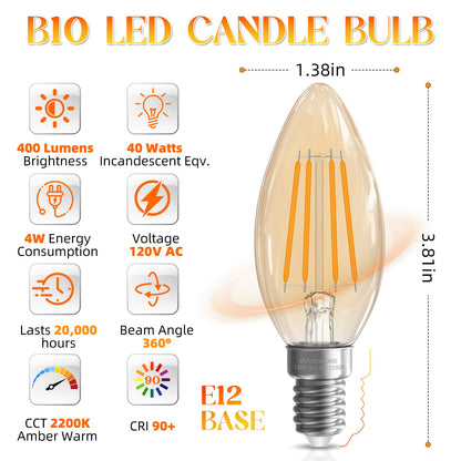 GvvooHome 40 watt Candelabra Light Bulbs, Chandelier Light Bulbs Non-Dimmable E12 LED Bulb, 2200K Amber Warm, B10 Candle Light Bulbs, 90+CRI, 400LM, Amber Glass Finish, 6 Pack