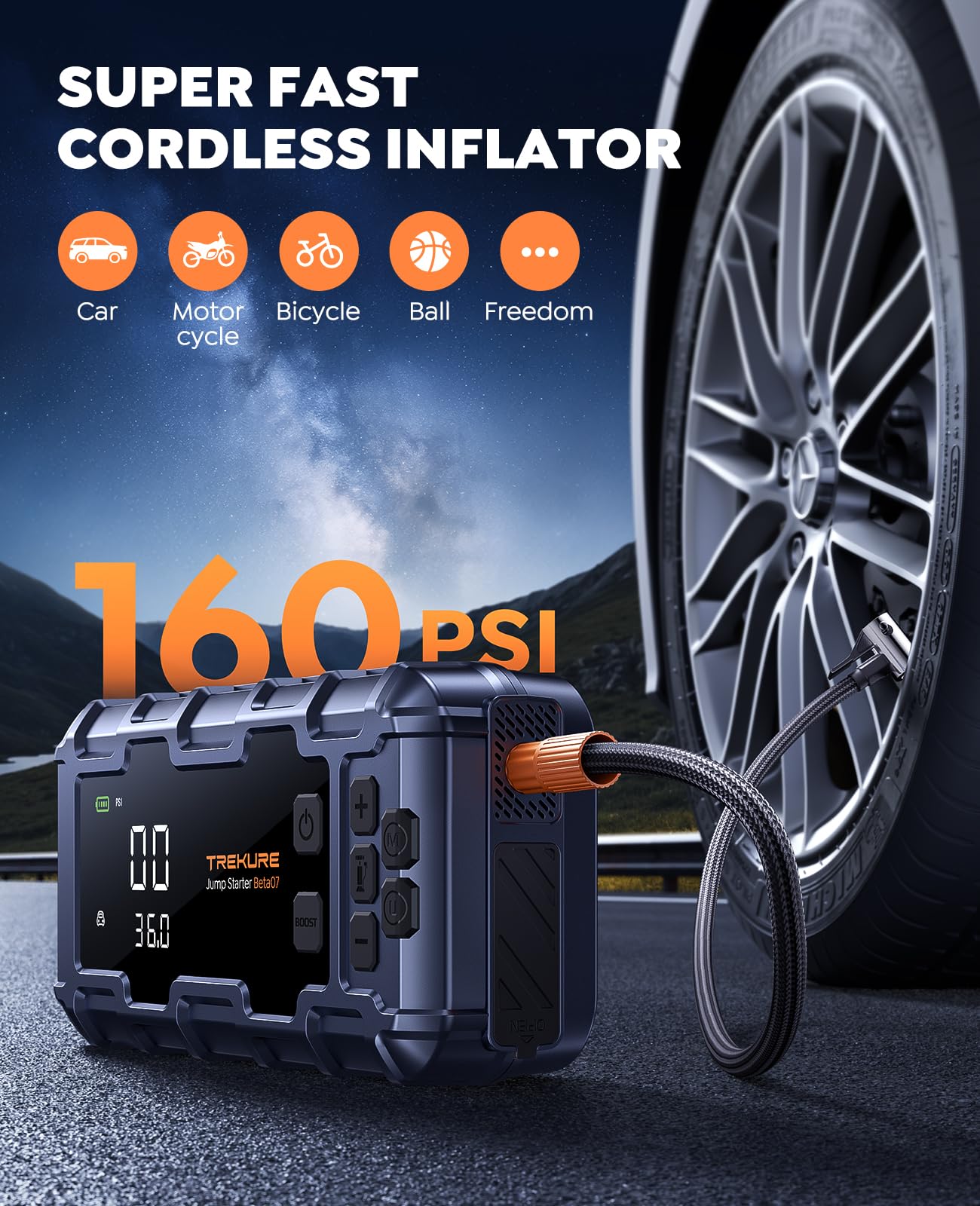 TREKURE 10-in-1 Car Battery Jump Starter with Air Compressor 6000A 160PSI 45W Charger, Car Jump Starter Jump Box (All Gas 12L Diesel), Car Battery Jumper Starter Portable Jumper Cables, Gloves, Lights