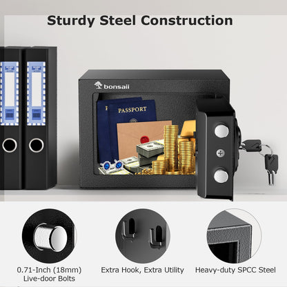 Bonsaii Safe Box with Electronic Keypad, Steel Security Lock Box with Key, 0.23 Cubic Feet, 9.06" W x 6.69" D x 6.69" H, Small Hidden Safe for Cash Jewelry