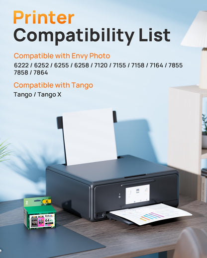 64XL Ink Cartridges Remanufactured for HP 64XL Ink Cartridge Combo Pack Replacement for HP 64 Ink to use with HP Envy Photo 7855 7858 7155 7120 7158 7164 6255 Tango X Printers (1 Black, 1 Tri-Color)
