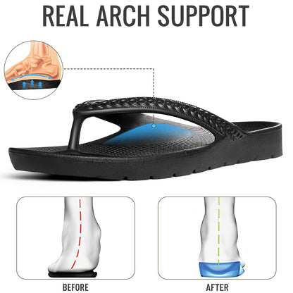KIDMI Arch Support Flip Flops for Womens Comfortable Orthopedic Sandals for Plantar Fasciitis Beach Thong Slides, Black 39