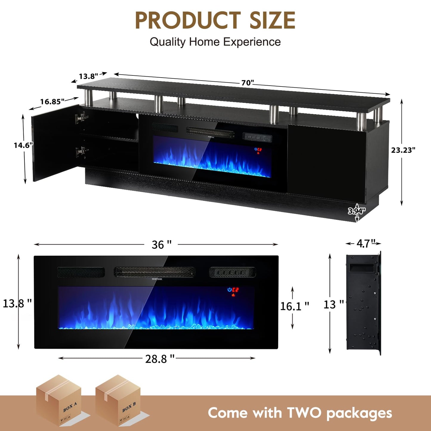 OneBlis 70" TV Stand for Living Room, Modern Entertainment Center & Media Console, Fits TVs up to 80", Storage Cabinet with Shelves, 36" Electric Fireplace with LED Flame (All Black)