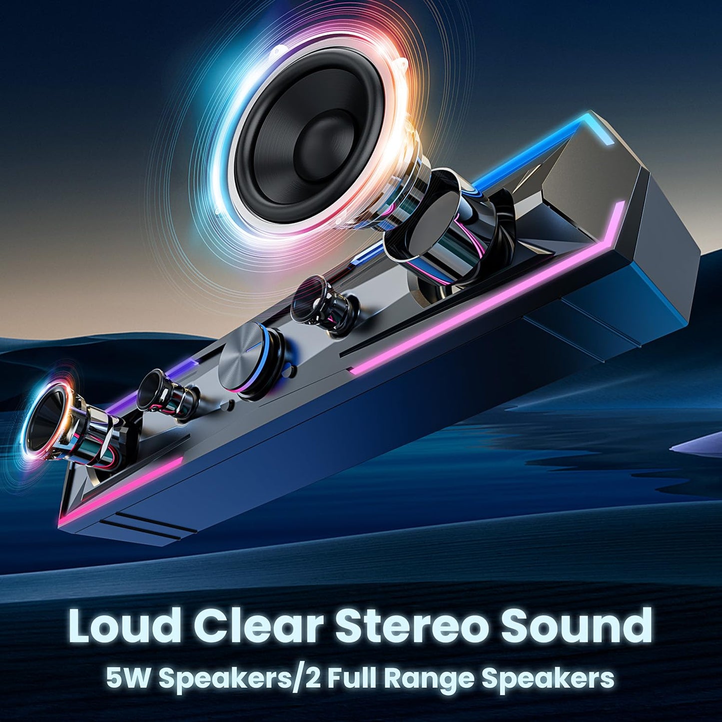 Tylubio Bluetooth Computer Speakers for Desktop with Clear Sound, Flowing LED Computer Speaker for Desktop Laptop Monitor, Bluetooth & USB Input - Black