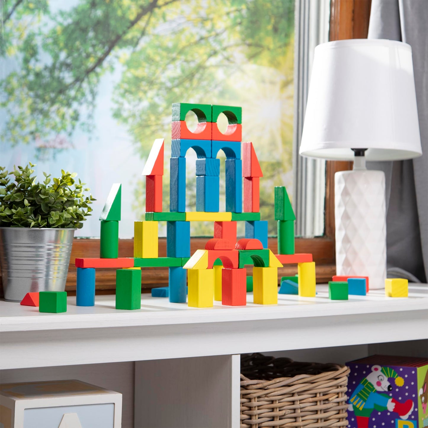 Melissa & Doug Wooden Building Blocks Set - 100 Blocks in 4 Colors and 9 Shapes - FSC Certified