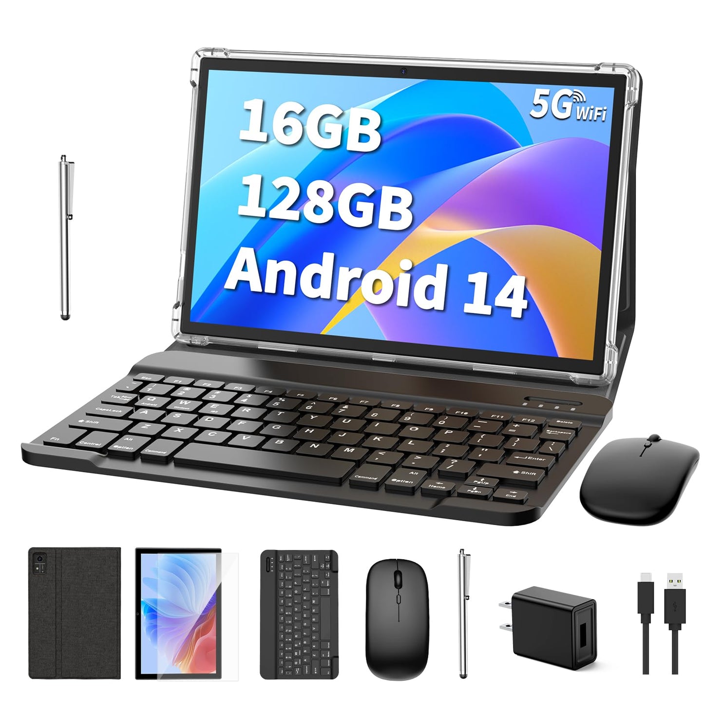 Android 14 Tablet, 10 inch Tablet with Keyboard, 16GB+128GB, 1TB Expand, Octa-Core, 2.4G/5G WiFi, 8000mAh, BT V5.0, GMS Certified, IPS Touch Screen, GPS, with Case, Mouse, Stylus(Black)