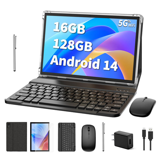 Android 14 Tablet, 10 inch Tablet with Keyboard, 16GB+128GB, 1TB Expand, Octa-Core, 2.4G/5G WiFi, 8000mAh, BT V5.0, GMS Certified, IPS Touch Screen, GPS, with Case, Mouse, Stylus(Black)