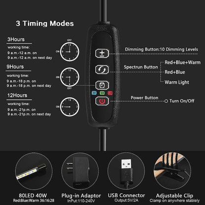 LEOTER Grow Light for Indoor Plants - Upgraded Version 80 LED Lamps with Full Spectrum & Red Blue Spectrum, 3/9/12H Timer, 10 Dimmable Level, Adjustable Gooseneck,3 Switch Modes