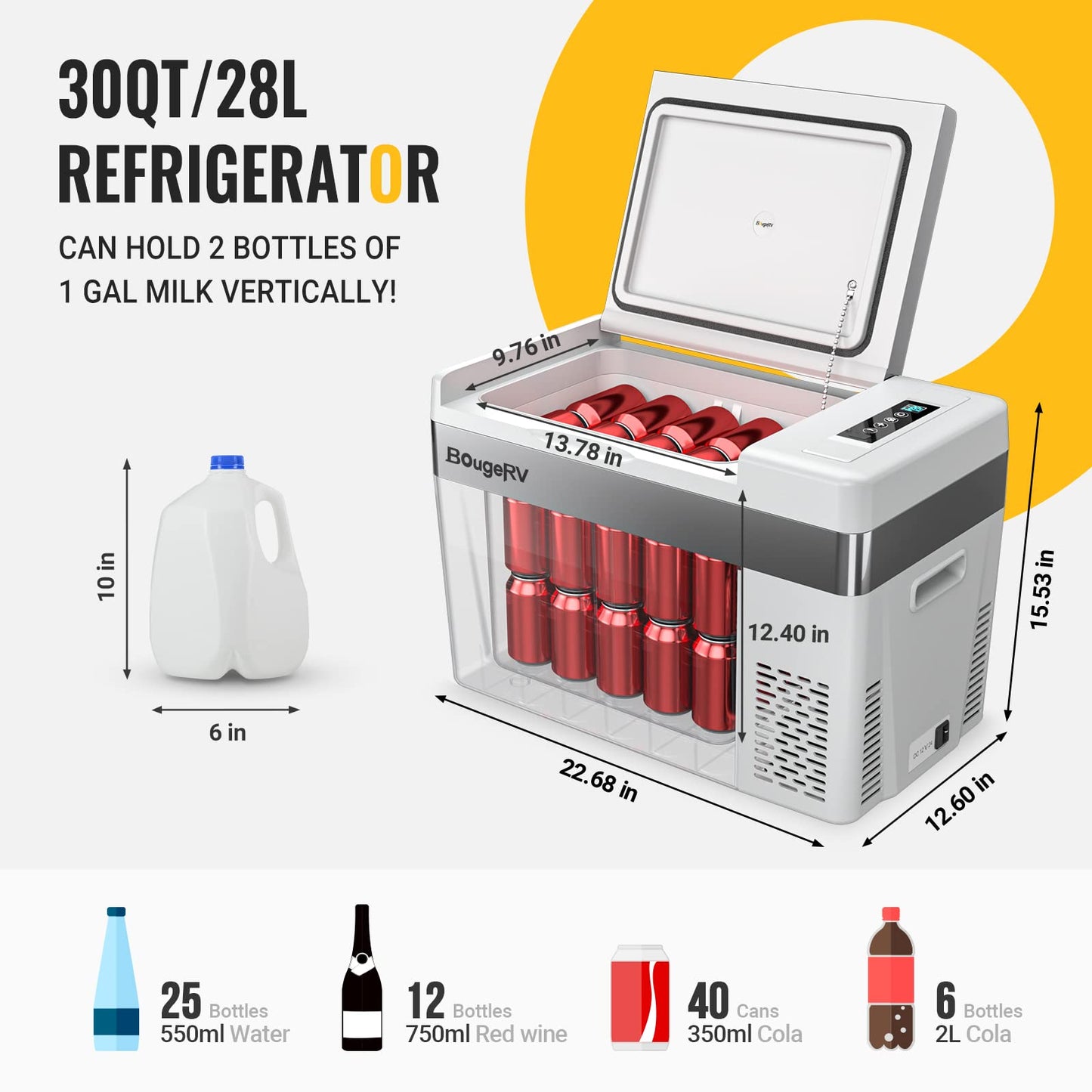 BougeRV 12 Volt Refrigerator 12V Car Fridge 30 Quart Portable Freezer Compressor Cooler -7℉~50℉ Compressor Freezer, 12/24V DC 110~240 Volt AC, for Truck RV SUV
