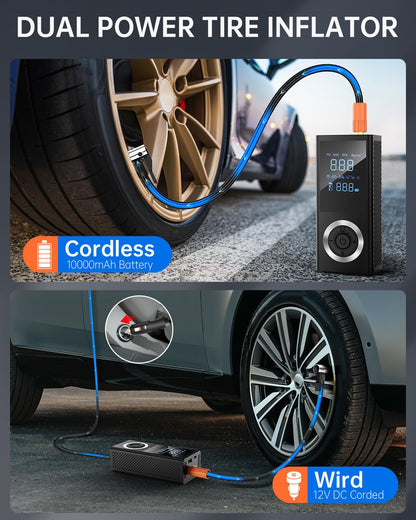 Cordless Tire Inflator Portable Air Compressor, 150 PSI Air Pump with Rechargeable Battery, Tire Pressure Gauge, 12V Car Power Adapter, Smart Air Pump for Car, Motorcycle, Bike, Ball