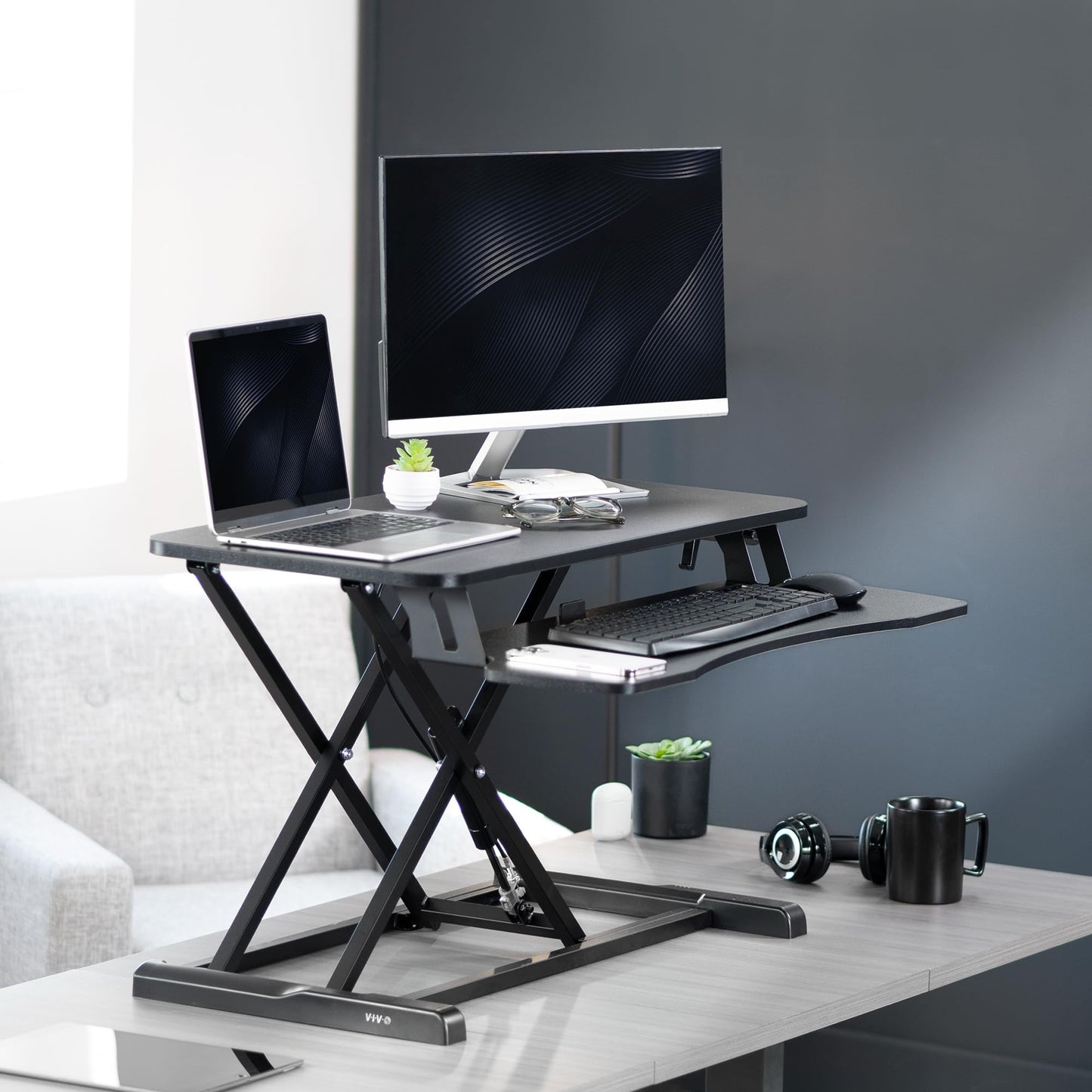 VIVO 32 inch Desk Converter, K Series, Height Adjustable Sit to Stand Riser, Dual Monitor and Laptop Workstation with Wide Keyboard Tray, Black, DESK-V000K