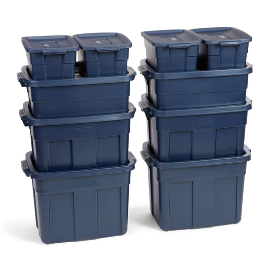 Rubbermaid Roughneck Tote Variety, 10 Pack, Made in USA, Dark Indigo Metallic, Rugged Plastic Stackable Storage Bins with Lids and Handles