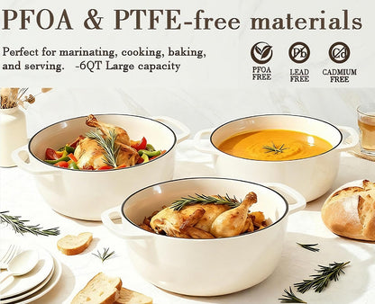Umite Chef 6QT Enameled Cast Iron Dutch Oven with Lid, Versatile Heavy-Duty Cookware Pot for Baking Bread, Braising, Soups & Stews, Oven & Stovetop Safe with Heat Resistant Gloves（Cream White）