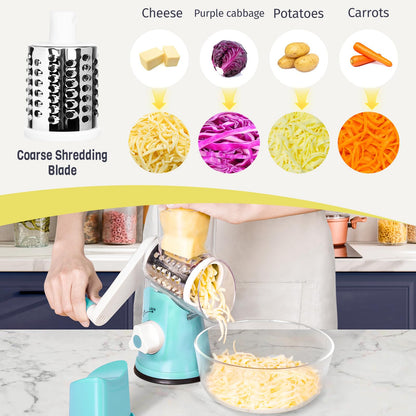 X Home Rotary Cheese Grater for Kitchen, Shredder with 3 Interchangeable Blades, Rotary Grater with Handle and Strong Suction Base, for Vegetables, Fruit, Nuts, Easy to Use and Clean, Blue