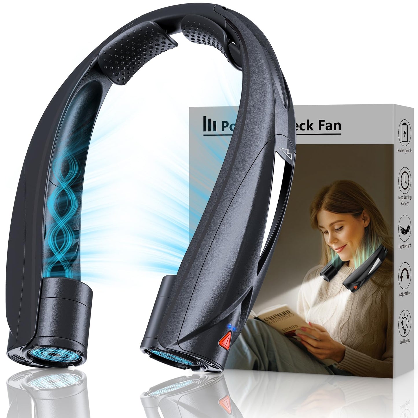 laimiod Portable Neck Fan - with LED Book Light, 6-20 Hrs Long Battery, 6-Speed Adjustable, USB-C Rechargeable, Ultra Quiet, Hands-Free Personal Cooling for Men Women Outdoor Indoor