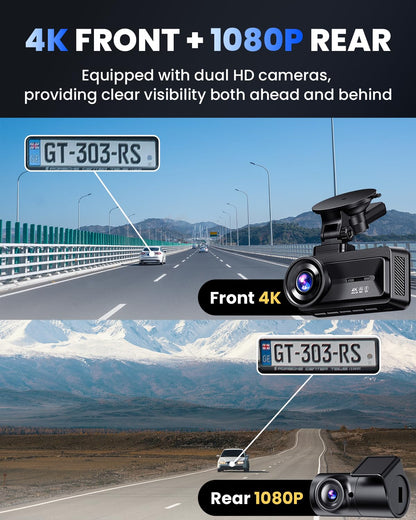 COOLCRAZY Dash Cam Front and Rear, 4K Full HD Dual Dash Camera for Cars Built-in 5G WiFi GPS, 64GB Card, Car Camera with 3" IPS Screen, UHD 2160P Night Vision, HDR, App Control, 24H Parking Monitor