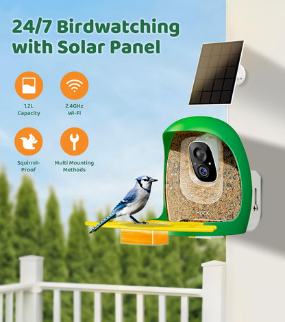 HIXX Smart Bird Feeder with Camera, Lifetime Free AI Bird Species Recognition, Solar-Powered Video Birds Feeder for Outdoors with HD Camera, Mounts Anywhere (Green)