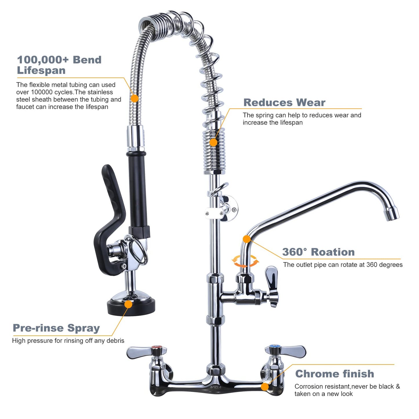 iVIGA Commercial Kitchen Faucet Wall Mount with Pre-Rinse Sprayer 8 Inch Center Wall Mount Kitchen Sink Faucet with 9.6" Add-on Swing Spout 25" Height Faucet with Pull Down Spray