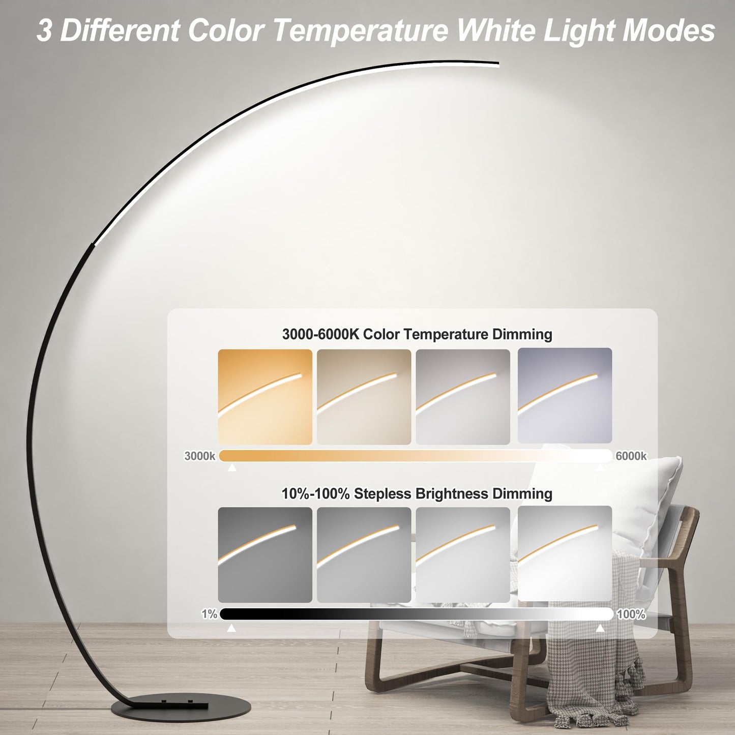 E.P. Light RGBW Modern 69.99 inch Arched Standing Reading Floor Lamp with Remote - Dimmable Black Led Color Changing Curved Ambient Lighting for Bedroom and Living Room