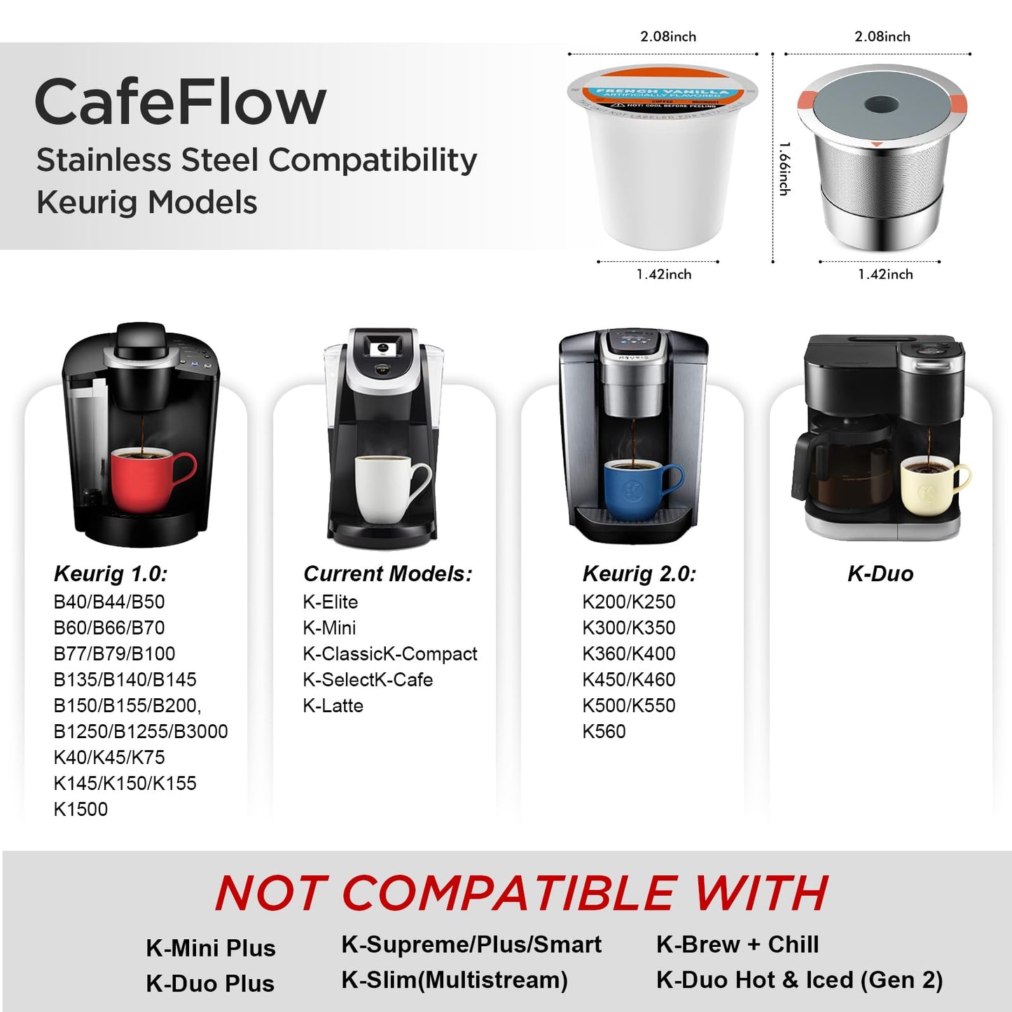 Noalto Reusable K Cups and Coffee Pods,Universal stainless steel k Cups for Keurig 2.0 and 1.0 Coffee Makers machine(2pack)