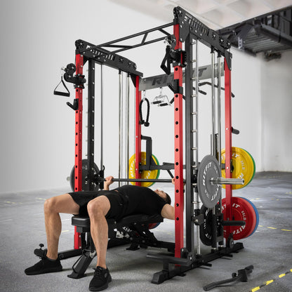 RitFit M1 Smith Machine with Cable Crossover System, Multi-Function Squat Rack Power Cage for Home Gym, Power Rack and Packages with Olympic Barbell Weight Set, Weight Bench, Olympic Bar and More