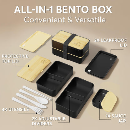 Umami Bento Box Adult All-In-1 w/4 Utensils, Big Sauce Jars, 2 Dividers, 100% Leakproof, Microwave & Dishwasher Safe, Stackable Bento Lunch Box Containers for Men/Women, Black & Bamboo, 40 oz