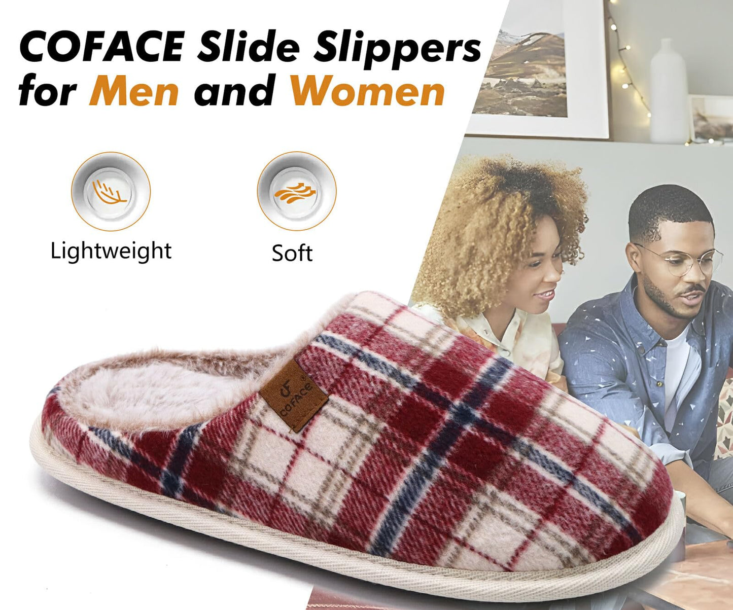 COFACE Mens Red Flano Plaid Cozy Memory Foam scuff Slippers Slip On Warm House Shoes Indoor/Outdoor With Best Arch Support Size 10