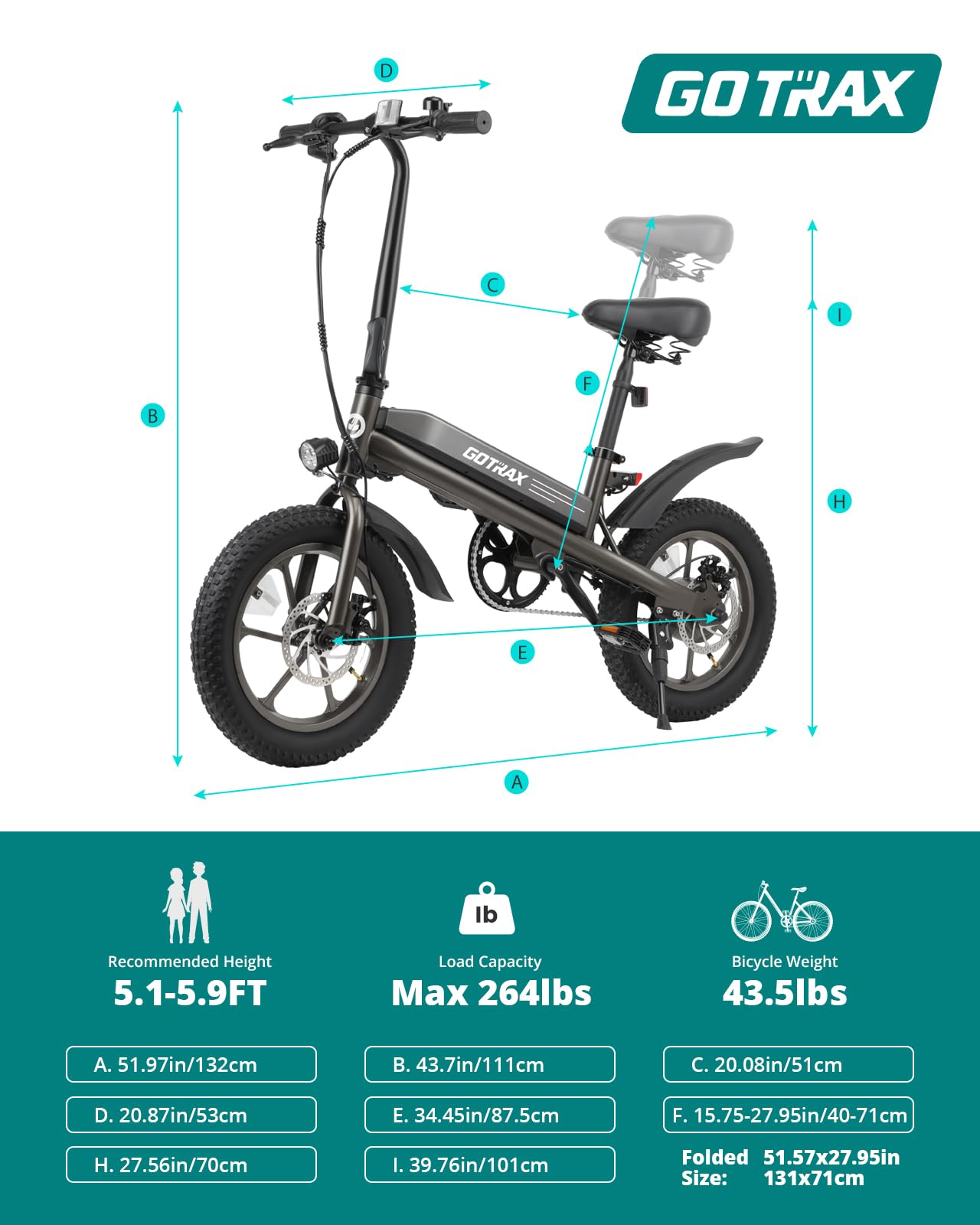 Gotrax S3 Electric Bike, 16x3.0 Fat Tire Electric Bicycle Adults, 750W Peak Motor, Max Range 25 Miles, Up to 20 Mph, Removable Battery, Adjustable Seat, Folding Electric Bike for Adults/Teens 13+