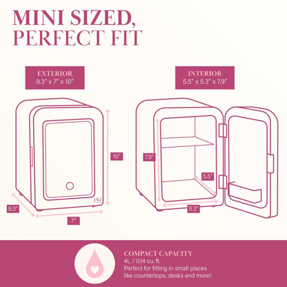 Paris Hilton Mini Refrigerator and Personal Beauty Fridge, Mirrored Door with Dimmable LED Light, Thermoelectric Cooling and Warming Function for All Cosmetics and Skincare Needs, 4-Liter, Pink