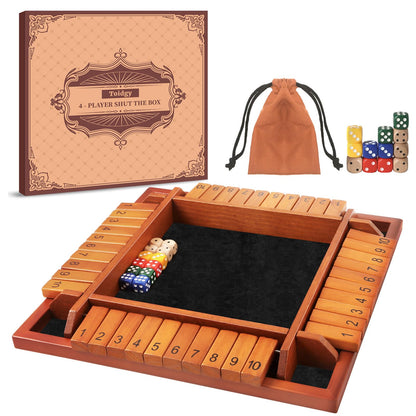 Toidgy 4 Players Shut The Box Dice Games, Wooden Board Table Math Game with 12 Dice and Instructions, Classics Close The Box Board Game for Adults Kids, Family Classroom Home or Bar