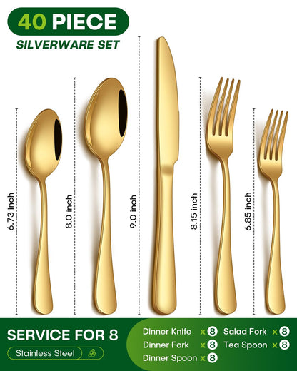 PHILIPALA 40 Piece Gold Silverware Set, Stainless Steel Flatware Set for 8 Food Grade Cutlery Utensil Set Include Knife Fork Spoon Mirror Polished Dishwasher Safe