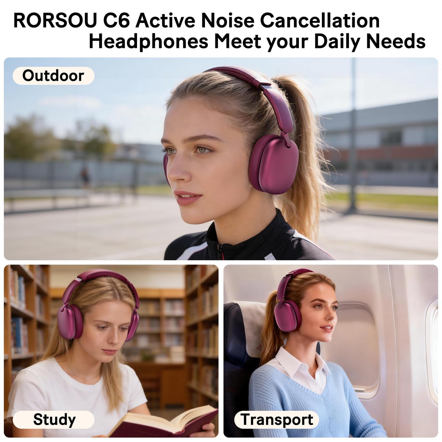 RORSOU C6 Active Noise Cancelling Headphones, Wireless Over Ear Bluetooth Headphones, 60H Playtime, Lightweight Folding Deep Bass Comfort Fit Ear Cups Headset with Mic for iPad/Travel/PC/Home Red