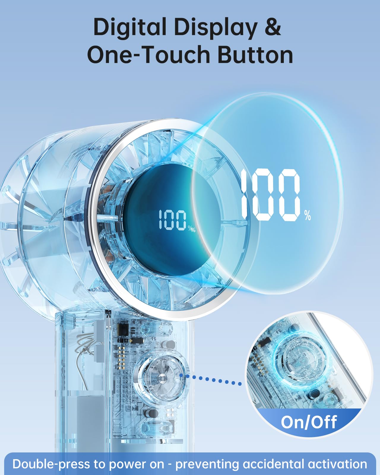 TriPole Transparent Portable Handheld Fan, High Speed 1-100 Adjustable Turbo Mini Fan, 4000mAh Battery USB Rechargeable with Digital Display, Max 20H Cooling Time Outdoor Travel Beach Essentials, Blue