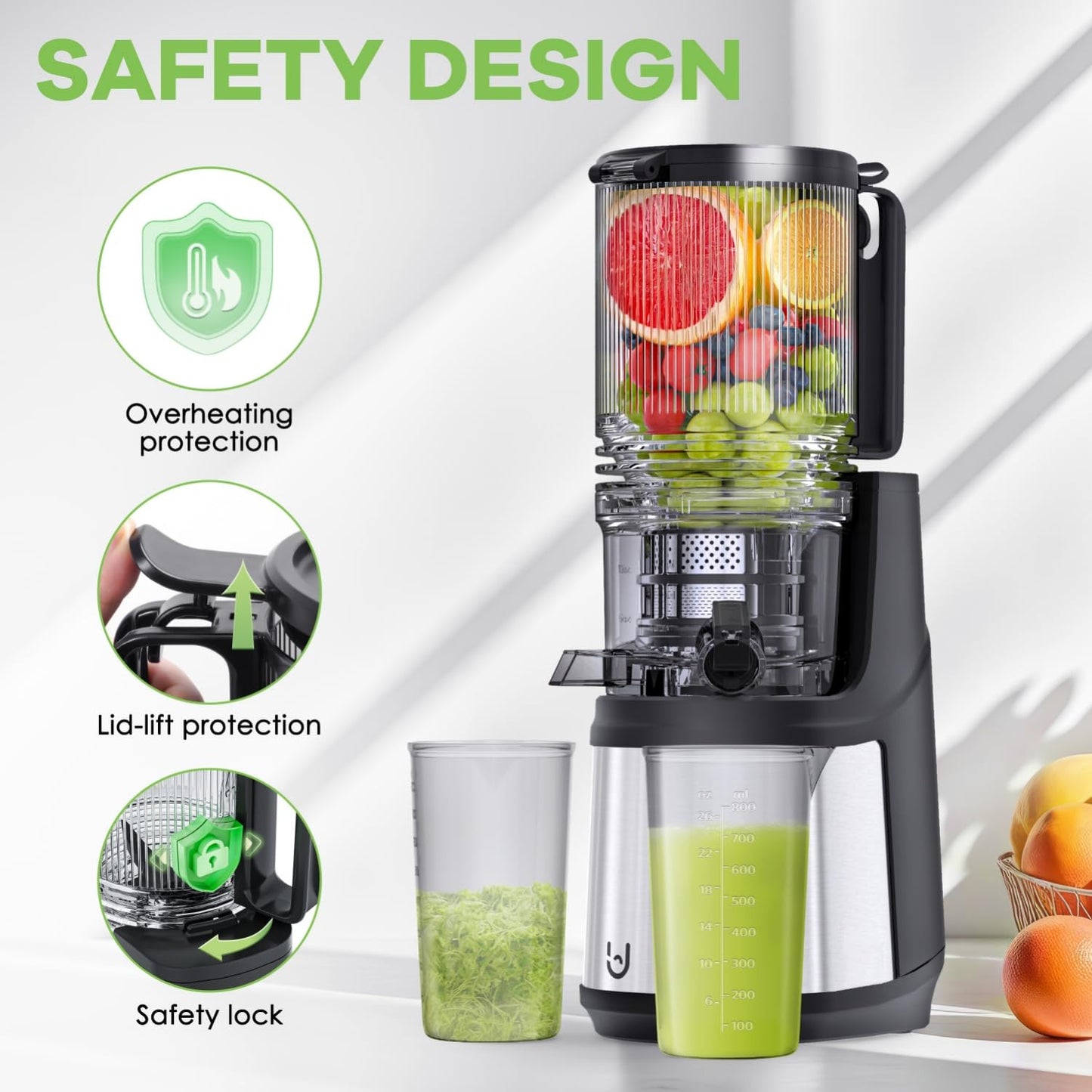 Masticating Juicer, 350W Slow Cold Press Juicer with 5.8" Extra-Large Feeding Chute, Juicer Machines for Whole Fruits and Vegetables, Easy to Clean with Brush