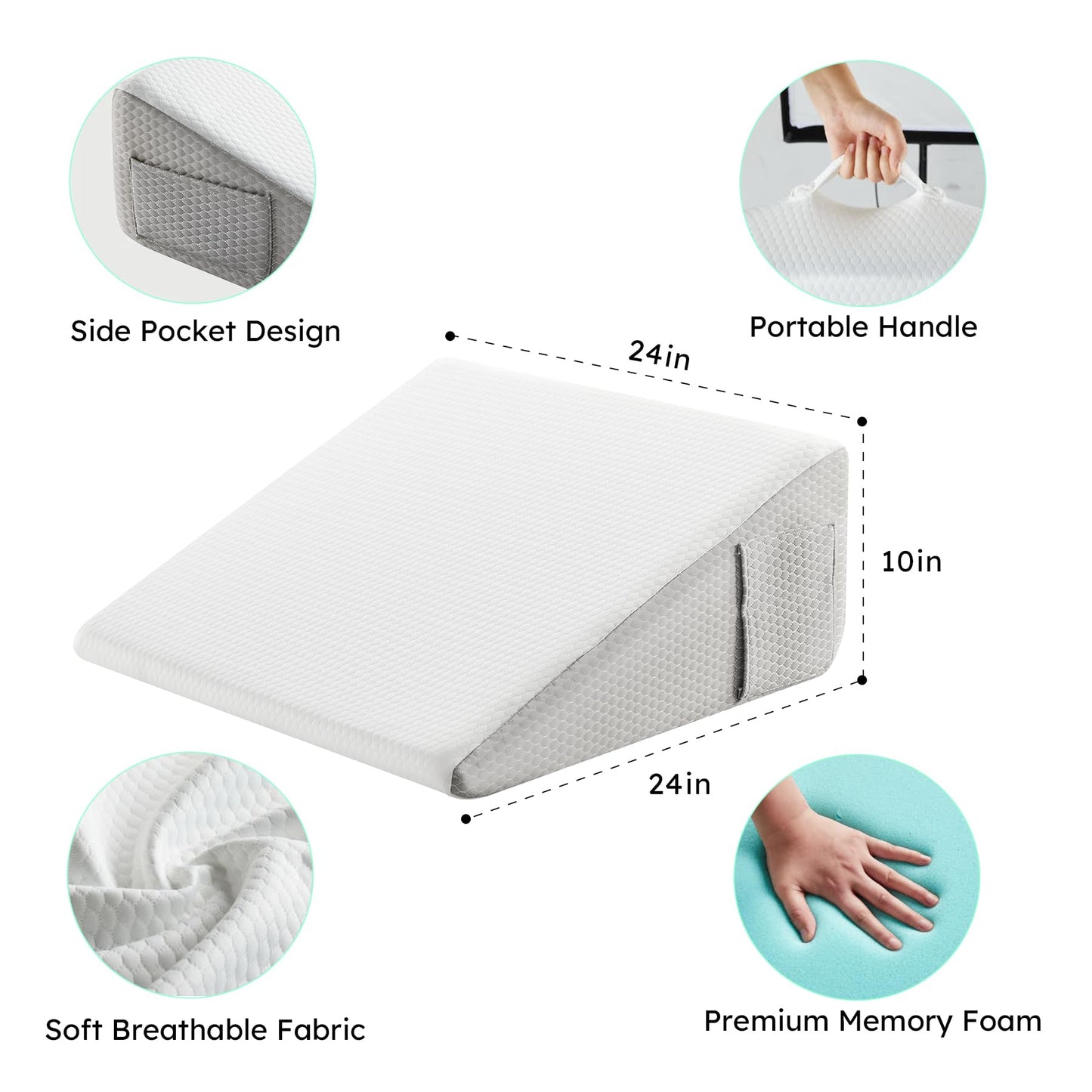 Bedluxe Wedge Pillow for Sleeping, 10 inch Elevated Support Bed Wedge Pillow, Breathable Triangle Pillow Wedge - Cooling Memory Foam Top, Removable Washable Cover, White/Grey