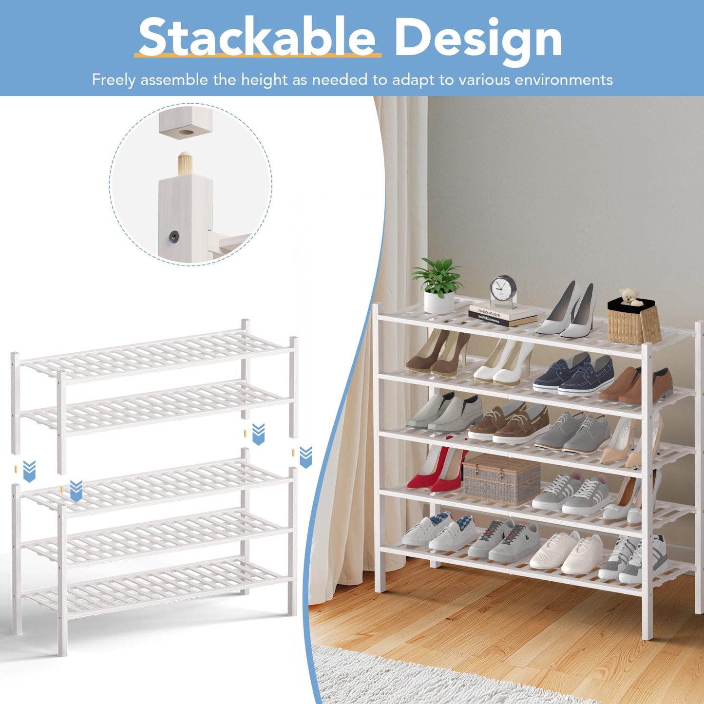 Haddockway Long 2 Tier Bamboo Shoe Rack Storage Organizer, Multifunctional Free Standing Stackable Shoe Shelf with Grid Panel for Closet,Hallway,Entryway,Small Space 34.2"x11"x13"
