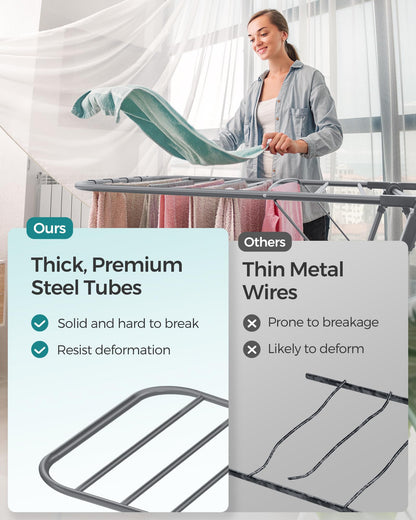SONGMICS Clothes Drying Rack, Foldable 2-Level Laundry Drying Rack, Free-Standing Laundry Airer, with Height-Adjustable Wings, 33 Drying Rails, Sock Clips, Gray ULLR053G02V1