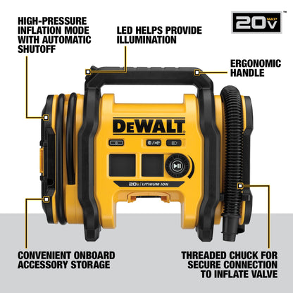 DEWALT Tire Inflator Portable Air Compressor 20V MAX, Car Air Pump with Automatic Shut Off, LED Light, Tool Only (DCC020IB)
