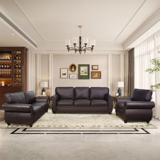 Couchus Living Room Furniture Sets,Sofa Sets and Couch Sets for Living Room,Mid-Century Vintage Sofa Couches with Rivet Design (Brown, Single+Loveseat+3 Seater)