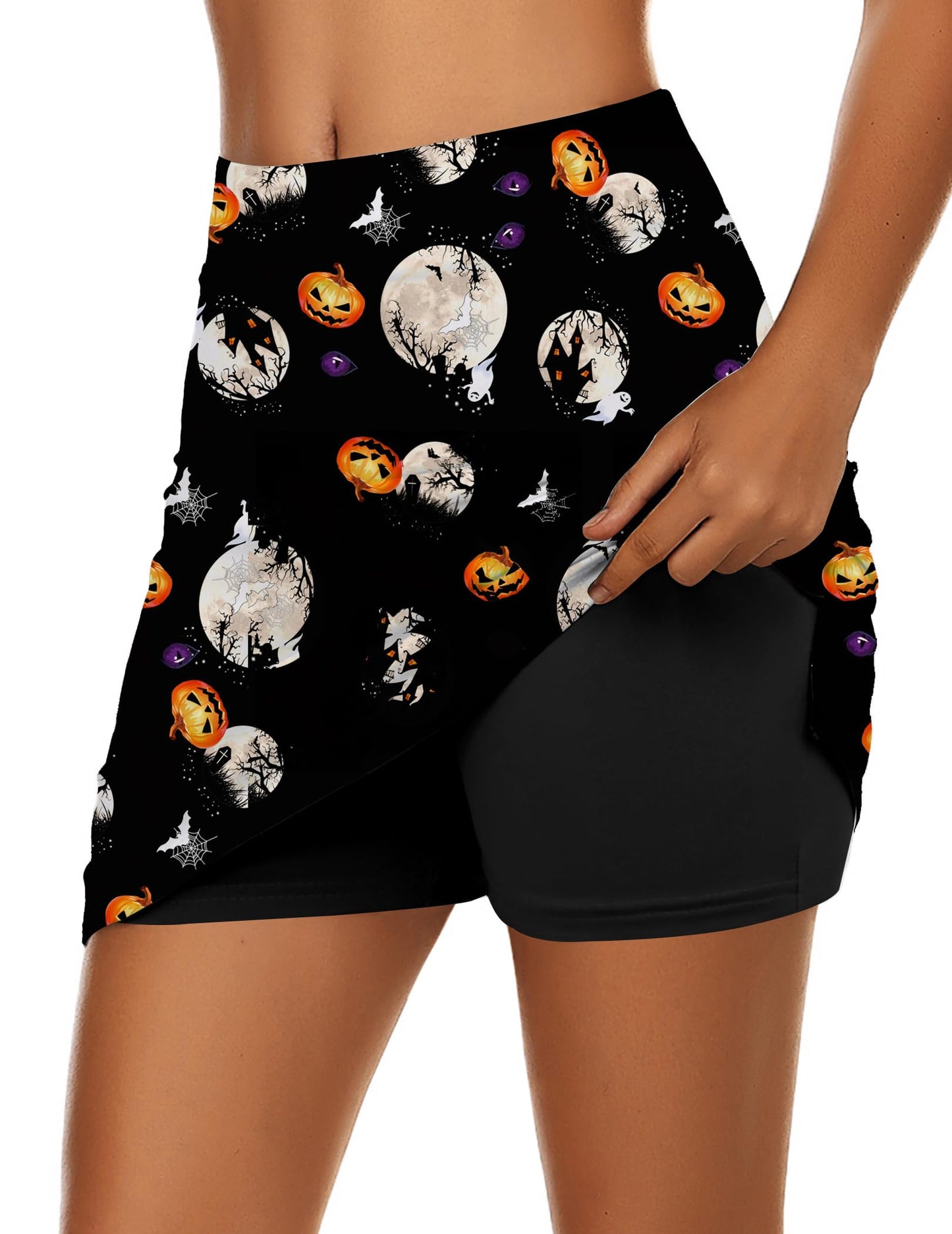 Ekouaer Womens Halloween Skirt Tummy Control Golf Skort 2024 Trendy Workout Active Skorts Skirts with Shorts, Multi Orange Medium