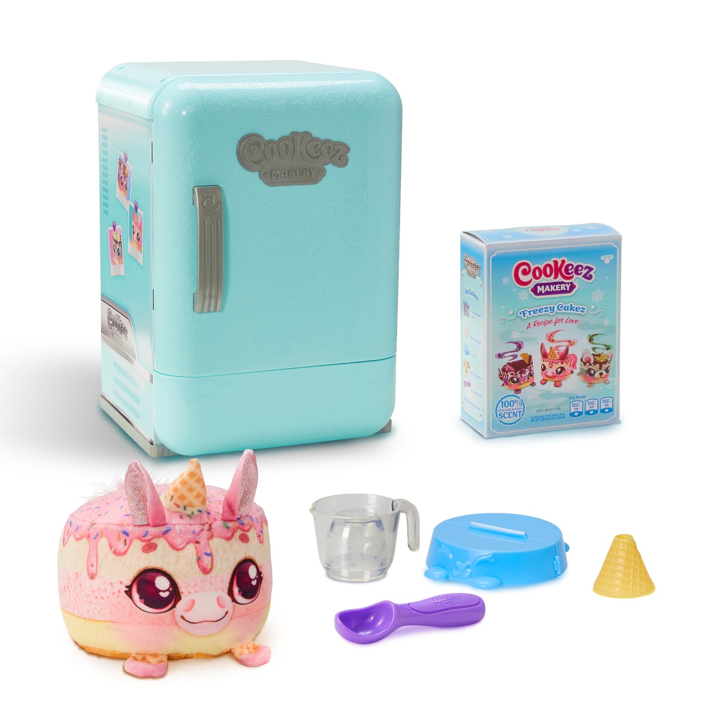 Cookeez Makery Freezy Cakez. Mix & Decorate Your Plush Best Friend! Place Your Cake Mix in The Freeze and Be Amazed When A Scented, Shivering, Interactive Plush Friend Comes Out. Styles May Vary