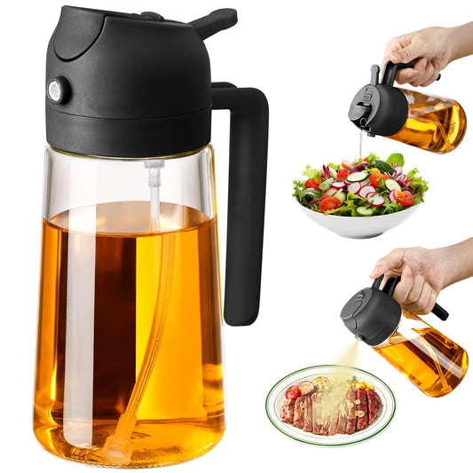 SWEET VIEW Olive Oil Sprayer for Cooking, 470ml 2 In 1 Glass Oil Dispenser/Pour Bottle, Kitchen Accessories, Kitchen Gadgets for Air Fryer, Salad, BBQ (Black)