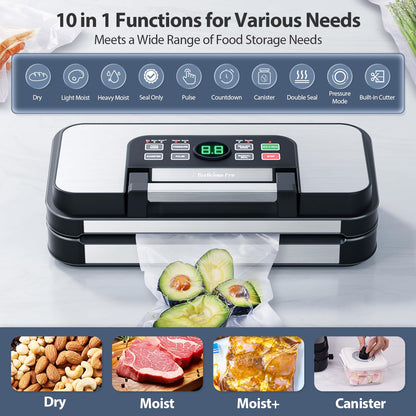 95Kpa Powerful Precision Pro Vacuum Sealer with Double Heat Seal & Double Pump, Easy-Lock Handle, 10-in-1 Vacuum Sealer Machine for Food with Bags Storage, Built-in Cutter, Green